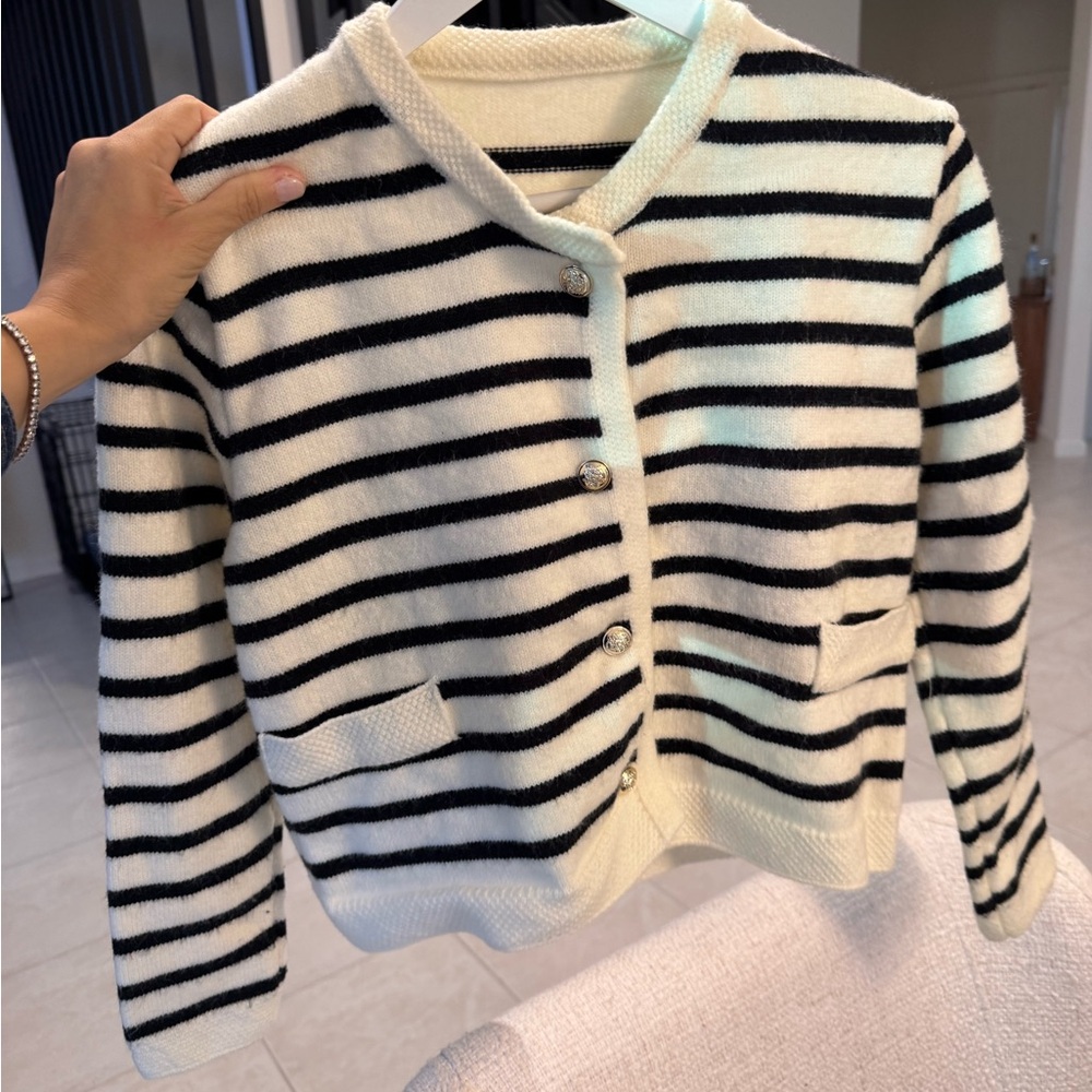 Striped Knit Button-Front Cardigan in Cream & Black